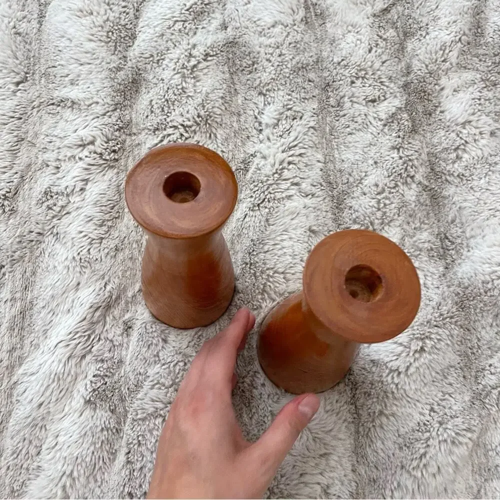 2 Vintage Wooden‎ Cozy Candlestick Holders